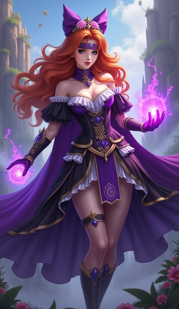 estilo anime muito bonito, mulher sexy, longos cabelos cacheados pretos, olhos esverdeados escuros, usando um espartilho roxo com cordas na frente, Black leather pantyhose, jaqueta de couro preta,  com o pano de fundo de uma cidade sombria, dark purple thunder,