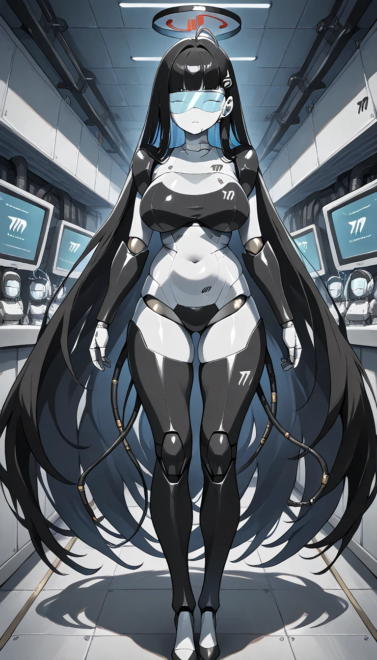 masterpiece, best quality, extremely detailed, (8K, 4K, Best Quality, hight resolution, 超A high resolution:1.1), ,8k portrait, Japaese android Girl,Plump , dark black leg cover,announcer,control panels,android,Droid,Mechanical Hand, Robot arms and legs, Black Robot Parts,Black long hair,Mechanical body,Blunt bangs,perfect mechanical abdomen,black robotics parts,perfect robot woman,future laboratory,cyberpunk,charging spot,laboratory,long tube,thick cable connected her neck,black ceramic body ,perfect mechanical body, black robot body,lod antenna,mechanical ear cover,android,robot humanoid,black sponge joints,The removable cover is in the groin,The connection port is in the groin,opened chest panel,access panel on the chest,opened breast panel,perfect mechanical breast,perfect black machine body,perfect black android body,She has repaired,assembly plant,no human skin,visor,mistyrobot,rio(blue archive),robot joint,doll joint,robotization,mecha centaur,centaur 