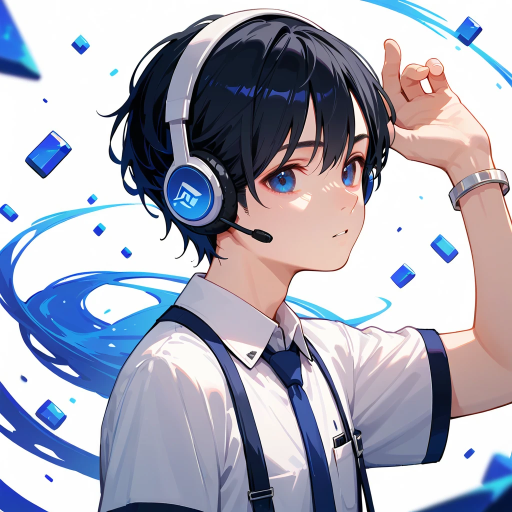 score_9,score_8_up,score_7_up,masterpiece,(1boy),19-years-old ,university student,BREAK Nagi-kun ,black hair,very short,(Forehead:0.8),dark blue eyes,(baby face:0.7),( melancholy expression:0.8),Petite,slim break short sleeve dress shirt, blue tie ,Silver Polaris Embroidered ,moonstone bangle, headphones,(Tsukuyomi:0,8),( Susanoo:0.8),(((Alone)))