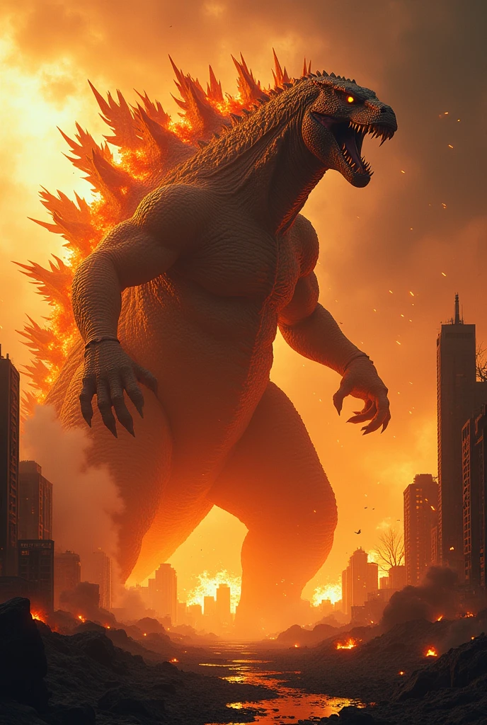 masterpiece, best quality, very aesthetic, cloudy daylight,
GodzillaXP, monster, godzilla,  full body shot from side, looking at the viewer, blue eyes, yellow spines, 
in city center, fire, explosion,