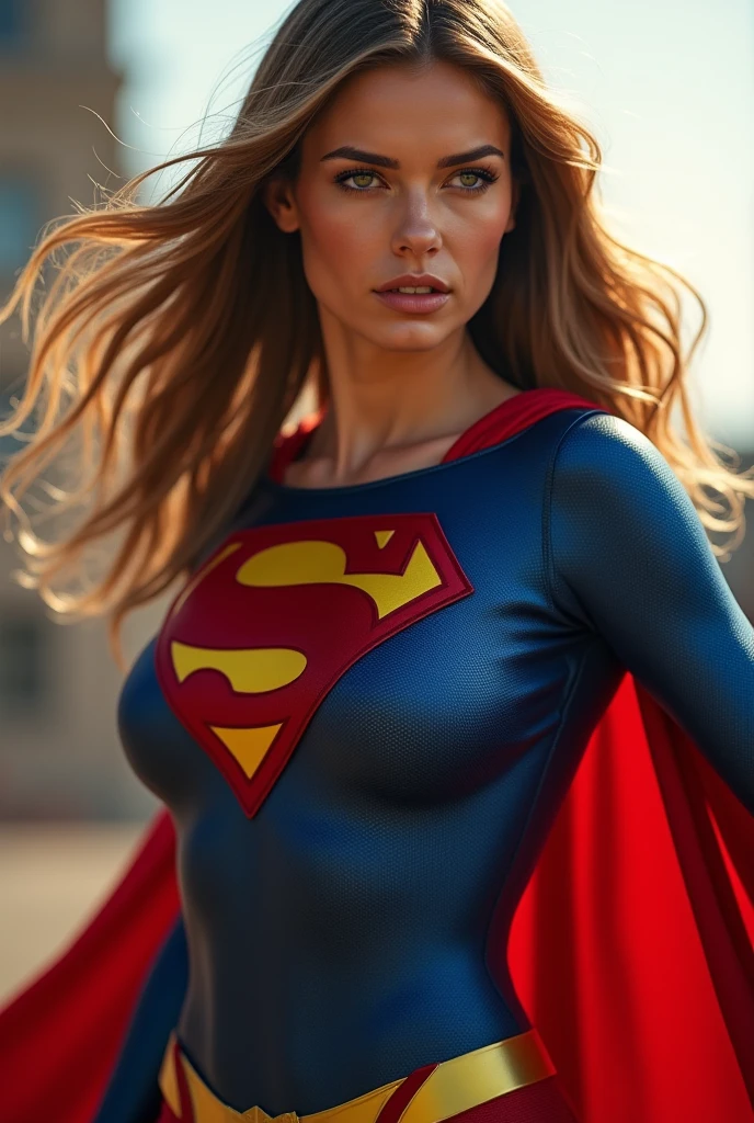 A beautiful Demi Moore as Supergirl, hyperrealistic portrait, high contrast dramatic lighting, striking blue eyes,full lips,flawless skin, long flowing hair, superhero costume, powerful pose, cinematic composition, epic fantasy, vibrant colors, dramatic lighting, volumetric light rays, photorealistic, 8k, best quality, masterpiece