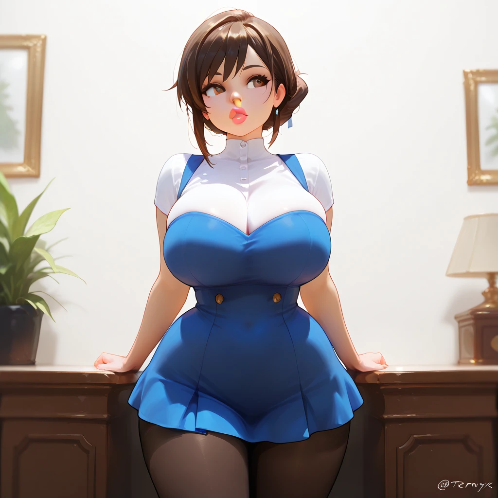 (best quality), (masterpiece), 1 girl, early 20's, huge heavy breasts, thick, thick lips, wide hips, thin waist, opentoeNYX, black pantyhose, brunette, blue minidress, leaning against furniture, arms on the back of a chair, standing