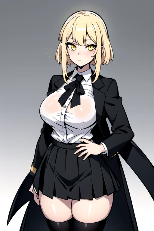 ((masterpiece)), (best quality), official art, extremely detailed CG, unity 8k wallpaper, ultra detailed, 
1girl, blonde hair,  yellow eyes, glowing eyes, medium breasts, black eyeliner,   
school uniform, black fit coat, black tie, white shirt, black skirt, miniskirt, pleated skirt, 
outdoors, buttons of shirt are open showing breast,big breast,big hips,big thighs,clear background,no unnatural lines or aura,no weapon,hot,sexy,cute.
