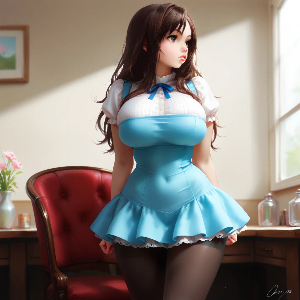 (best quality), (masterpiece), 1 girl, early 20's, huge heavy breasts, thick, thick lips, wide hips, thin waist, opentoeNYX, black pantyhose, brunette, blue minidress, leaning against furniture, arms on the back of a chair, standing