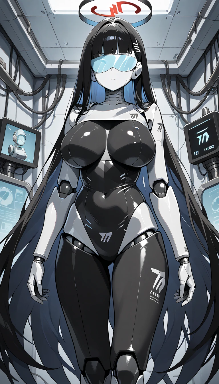 masterpiece, best quality, extremely detailed, (8K, 4K, Best Quality, hight resolution, 超A high resolution:1.1), ,8k portrait, Japaese android Girl,Plump , dark black leg cover,announcer,control panels,android,Droid,Mechanical Hand, Robot arms and legs, Black Robot Parts,Black long hair,Mechanical body,Blunt bangs,perfect mechanical abdomen,black robotics parts,perfect robot woman,future laboratory,cyberpunk,charging spot,laboratory,long tube,thick cable connected her neck,black ceramic body ,perfect mechanical body, black robot body,lod antenna,mechanical ear cover,android,robot humanoid,black sponge joints,The removable cover is in the groin,The connection port is in the groin,opened chest panel,access panel on the chest,opened breast panel,perfect mechanical breast,perfect black machine body,perfect black android body,She has repaired,assembly plant,no human skin,visor,mistyrobot,rio(blue archive),robot joint,doll joint,robotization,mecha centaur,centaur 