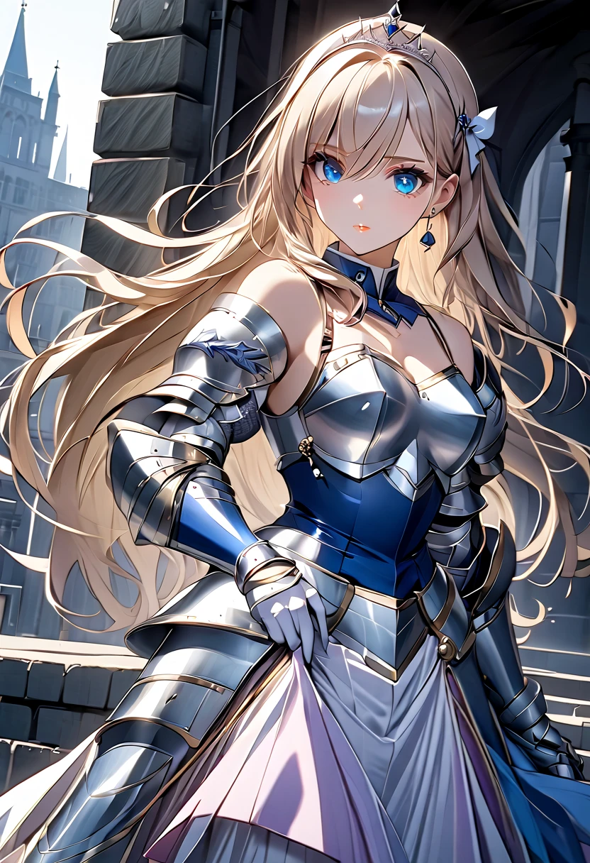 ((masterpiece)),  top quality ,  very detailed,( one girl), Knight Princess , Celia Kumani Aintree long hair,  blondes,  drill hair,  hair band ,  hair accessories, Blue Eyes,  slit eyes , High gradation eyes,  hair tube,  dress, Dark Blue,  dress,  gloves, [Bare shoulders,   jewelry,  clevis on a stone,  princess, elbow  gloves, tiara ,brooch,white  gloves、 adult female 、thin、 very beautiful、 beautiful faces、(((Blue and silver armor、breastplate、 gauntlet、Shin guards、 shiny armor:1.2)))、 gold earrings、Golden Hair, Blue Eyes,  pink lips,  cowboy shot 