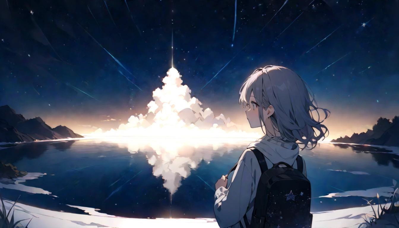 masterpiece, 8k, 1 girl standing in a salt lake,  the lake is a mirror reflecting the stars  ,  fantasy ,  detailed background , A woman drawn down to the smallest detail ,  anime girl watching the sky, 星の光が bright  , 瞬く starry sky ,  there are many stars in the sky , Beautiful sky,  beautiful girls, evening,  starry sky  ,  Beautiful World , bright , hoodie,Casual attire,Backpack