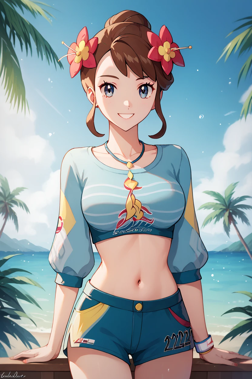 high resolution, highly detailed, perfect lighting, beautiful detailed eyes, ((masterpiece,best quality)), absurdres,      smile,  solo,  gloria (pokemon),  gloriaSummer, blue shorts, blue shirt, hair flower,  jewelry, navel, necklace, official alternate costume,    curvy,   Delfino_Plaza,  palm tree, two headed,