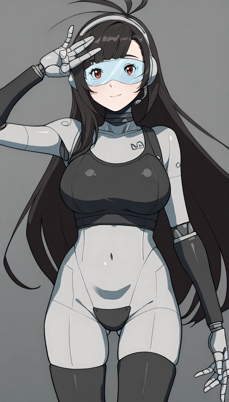 masterpiece, best quality, extremely detailed, (8K, 4K, Best Quality, hight resolution, 超A high resolution:1.1), ,8k portrait, Japaese android Girl,Plump , dark black leg cover,announcer,control panels,android,Droid,Mechanical Hand, Robot arms and legs, Black Robot Parts,Black long hair,Mechanical body,Blunt bangs,perfect mechanical abdomen,black robotics parts,perfect robot woman,future laboratory,cyber pank,charging spot,laboratory,long tube,thick cable connected her neck,black ceramic body ,perfect mechanical body, black robot body,lod antenna,mechanical ear cover,android,robot humanoid,black sponge joints,The removable cover is in the groin,The connection port is in the groin,opened chest panel,access panel on the chest,opened breast panel,perfect mechanical breast,perfect black machine body,perfect black android body,She has repaired,assembly plant,no human skin,visor,mistyrobot,tifa lockhart(final fantasy),smile,spread arm,robot joint,doll joint,robotization,pussy,mecha musme,assembly line,hacking,brainwashing