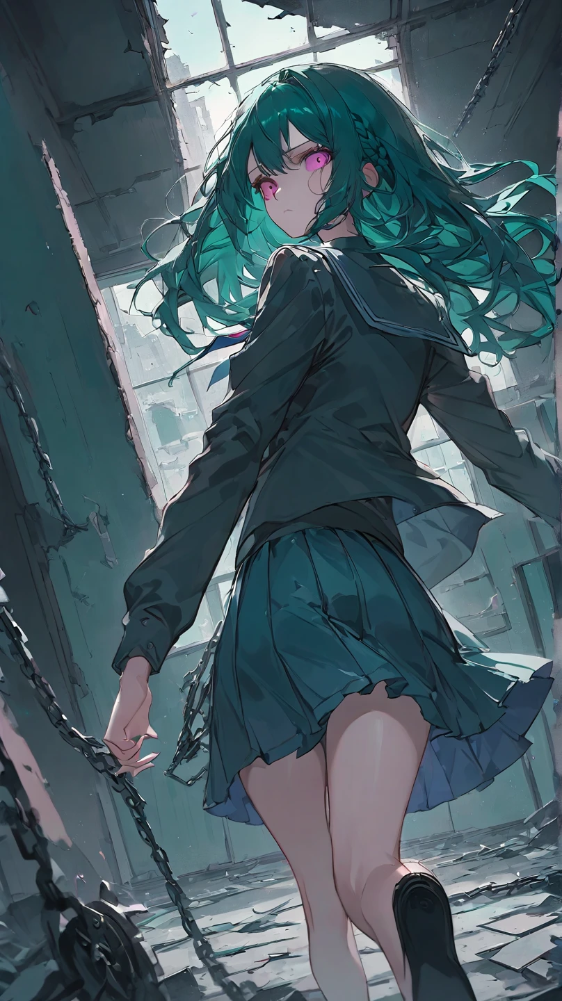 a woman with long wavy dark teal green hair, braid, pink eyes, pink school uniform, chain and gear at the background, running, ruin boarded classroom, looking back, (((alone))), looked from below, 