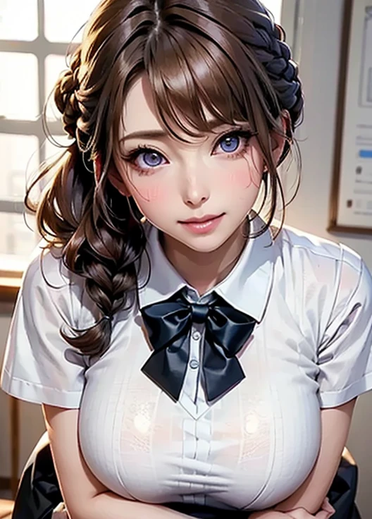 masterpiece, high resolution, beautiful woman, Korean Beauty, uniform, mini skirt, high school student, beautiful woman, looking at me, (high resolution face), (high resolution eyes), (high quality eyes)
