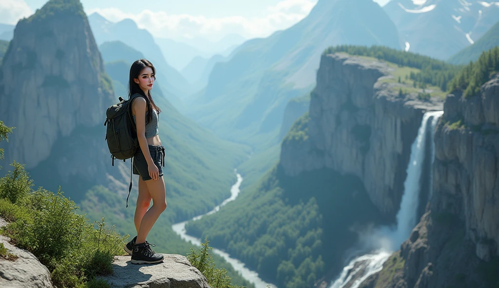 (master piece: 1.3), (8k, photo-realistic, Photo brute, beste-Qualit: 1.4), (1 Kristin Kreuk), beau visage, (realistic face), (cheveux noirs, cheveux longs, ponytail), belle coiffure, realistic eyes, Yeux verts, beautiful detailed eyes, (realistic skin), belle peau, (tirer), absurdes, attrayant, ultra highres, ultra realist, highly detailed, golden ratio, remote plane, plan large, jolies mains avec 1 pouce et 4 doigts, en T-shirt crop vert kaki, short, She carries a small backpack, elle a une ceinture avec 2 holsters, Big walking shoes in a mountain setting.