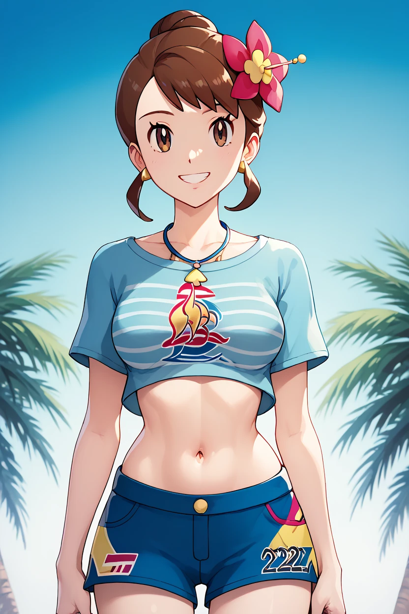 high resolution, highly detailed, perfect lighting, beautiful detailed eyes, ((masterpiece,best quality)), absurdres,      smile,  solo,  gloria (pokemon),  gloriaSummer, blue shorts, blue t-shirt, hair flower,  jewelry, navel, necklace, official alternate costume,    curvy,   Delfino_Plaza,  palm tree, two headed, conjoined,