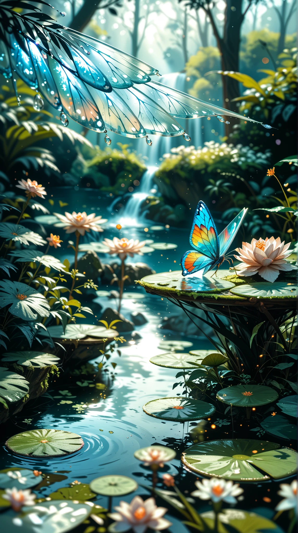  Mysterious Forest Space - Europe ， Charming Night Space in Ancient European Forests ，} Bioluminescent plants emit a soft glow over a crystal-clear pond， Half-transparent Wings Spiritual Creatures Appear in the Background {x Dance ，close-up， Bright Color ， Fantasy Concept Art 、hyper-realistic、Bokeh effect、f/2.2、50mm lens、 Tripartite Rule Composition 、（ Professional Color Balance ）、（（ Moonlight Filtering Through the Forest ））、Magical Atmosphere 、 High Resolution 、8k