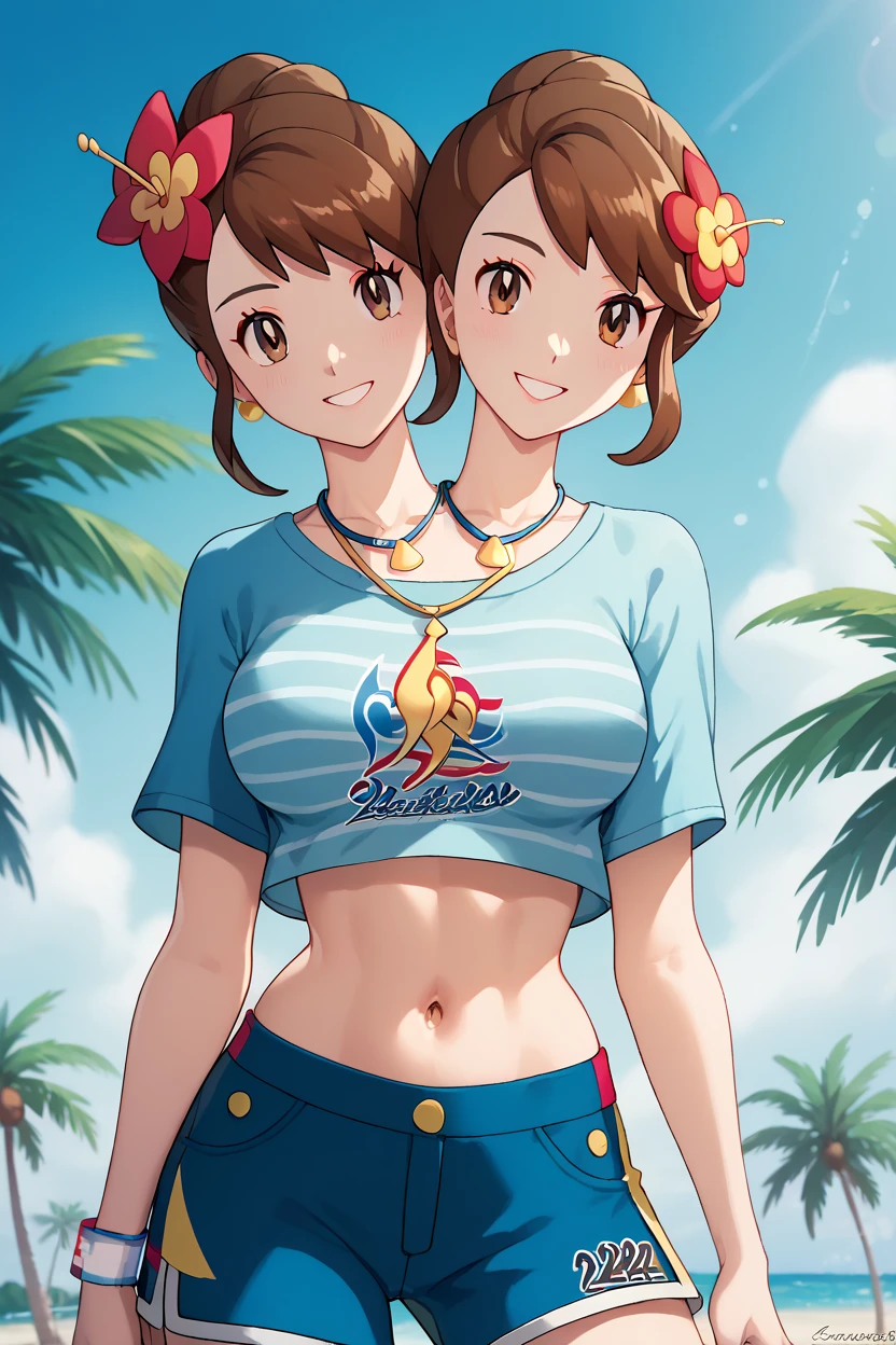 high resolution, highly detailed, perfect lighting, beautiful detailed eyes, ((masterpiece,best quality)), absurdres,      smile,  solo,  gloria (pokemon),  gloriaSummer, blue shorts, blue t-shirt, hair flower,  jewelry, navel, necklace, official alternate costume,    curvy,   Delfino_Plaza,  palm tree, two headed girl, two heads, conjoined,