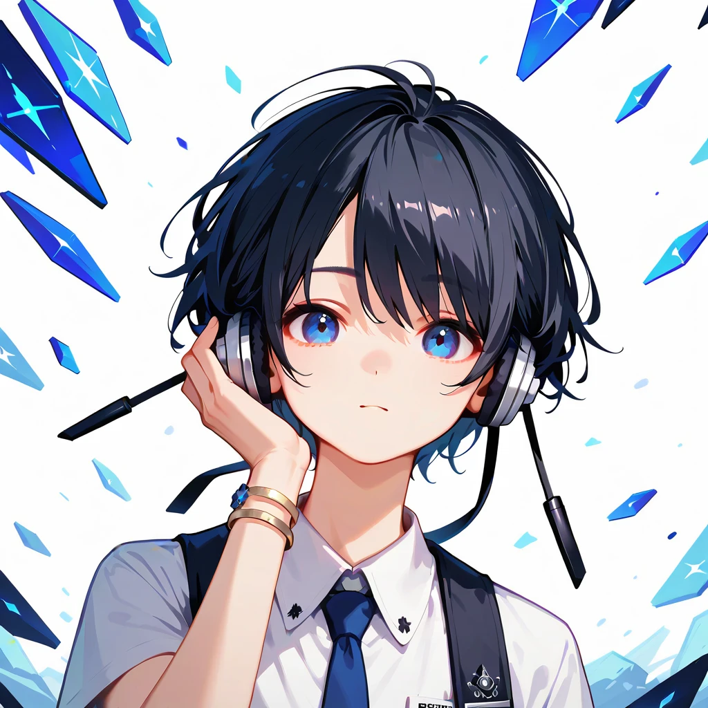 score_9,score_8_up,score_7_up,masterpiece,(1boy),19-years-old ,university student,BREAK Nagi-kun ,black hair,very short,(Forehead:0.8),dark blue eyes,(baby face:0.7),( melancholy expression:0.8),Petite,slim break short sleeve dress shirt, blue tie ,Silver Polaris Embroidered ,moonstone bangle, headphones around the neck,(Tsukuyomi:0,8),( Susanoo:0.8),(((Alone)))