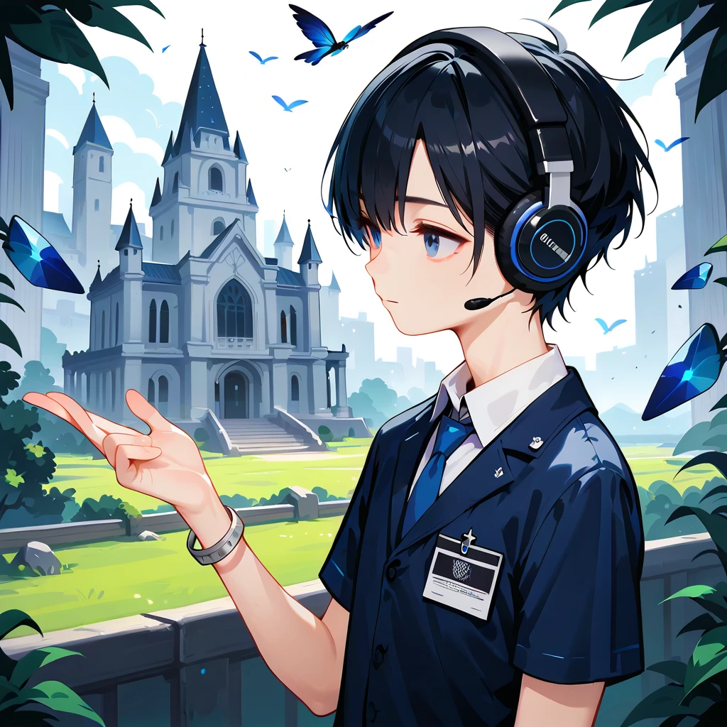 score_9,score_8_up,score_7_up,masterpiece,(1boy),19-years-old ,university student,BREAK Nagi-kun ,black hair,very short,(Forehead:0.8),dark blue eyes,(baby face:0.7),( melancholy expression:0.8),Petite,slim break short sleeve dress shirt, blue tie ,Silver Polaris Embroidered ,moonstone bangle, headphones around the neck,(Tsukuyomi:0,8),( Susanoo:0.8),(((Alone)))