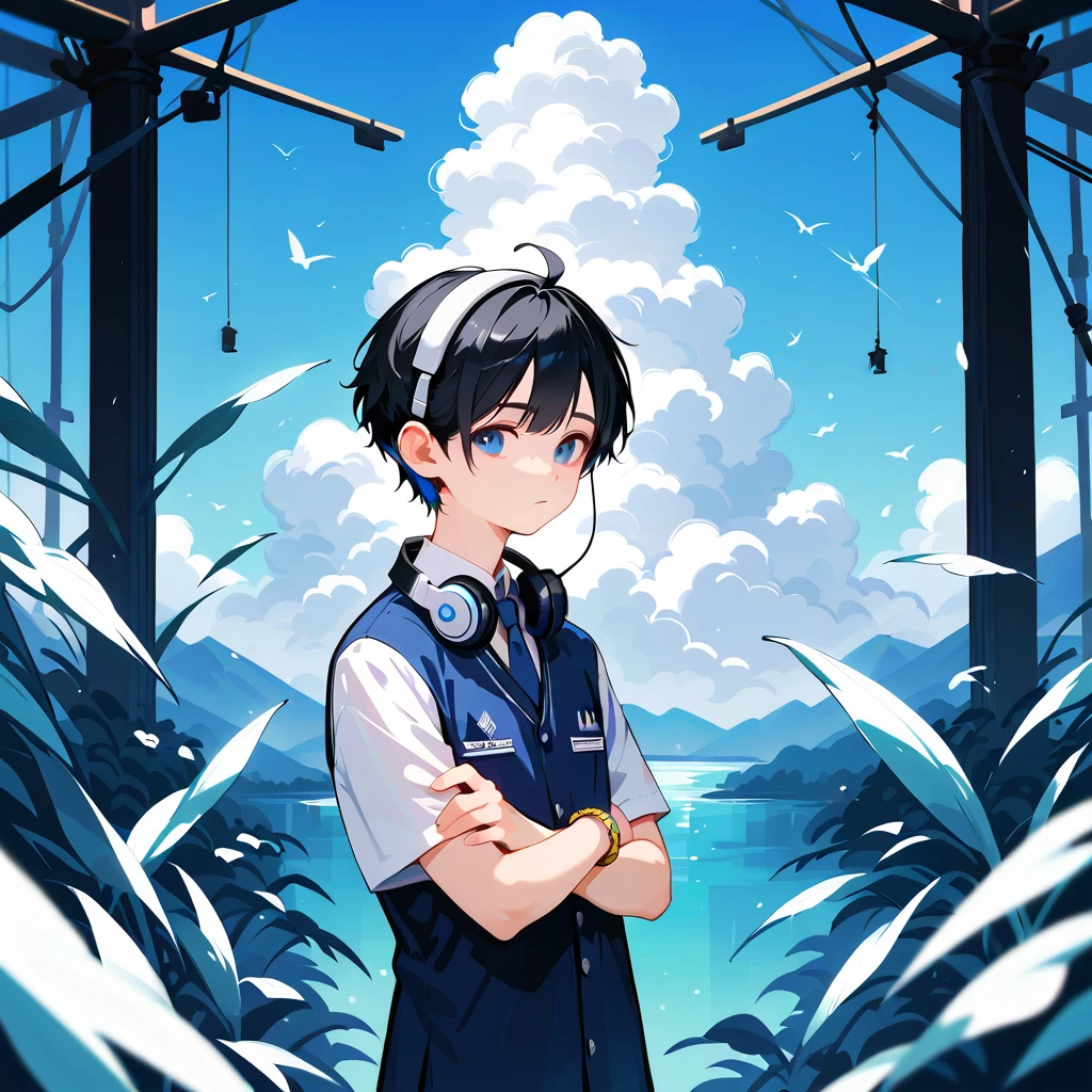 score_9,score_8_up,score_7_up,masterpiece,(1boy),19-years-old ,university student,BREAK Nagi-kun ,black hair,very short,(Forehead:0.8),dark blue eyes,(baby face:0.7),( melancholy expression:0.8),Petite,slim break short sleeve dress shirt, blue tie ,Silver Polaris Embroidered ,moonstone bangle, headphones around the neck,(Tsukuyomi:0,8),( Susanoo:0.8),(((Alone)))