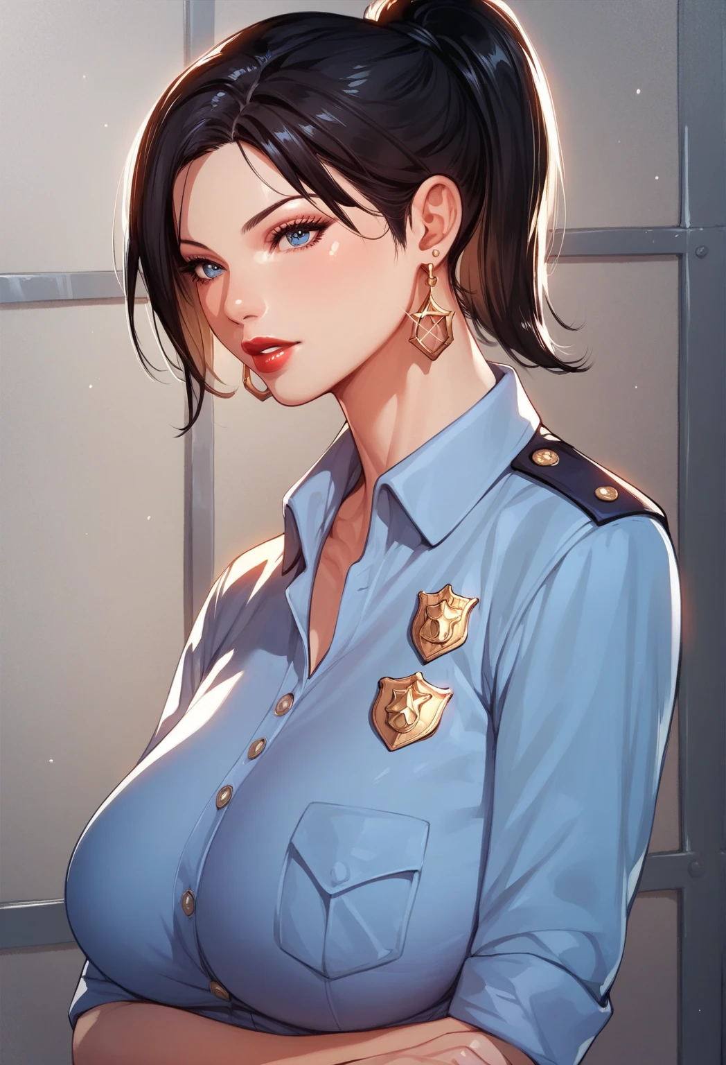 nari , blue eyes, black hair, short hair, big breasts,big silver drop dangle earrings ,hair ponytail , lipstick , police uniform