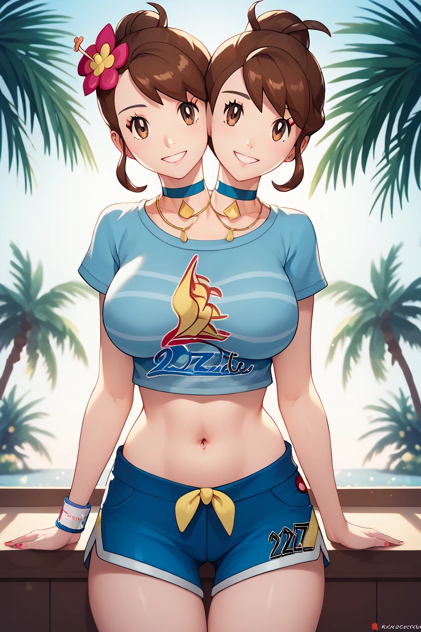 high resolution, highly detailed, perfect lighting, beautiful detailed eyes, ((masterpiece,best quality)), absurdres,      smile,  solo,  gloria (pokemon),  gloriaSummer, blue shorts, blue t-shirt, hair flower,  jewelry, navel, neck choker, official alternate costume,    curvy,   Delfino_Plaza,  palm tree, two headed girl, two heads, conjoined, big breasts,