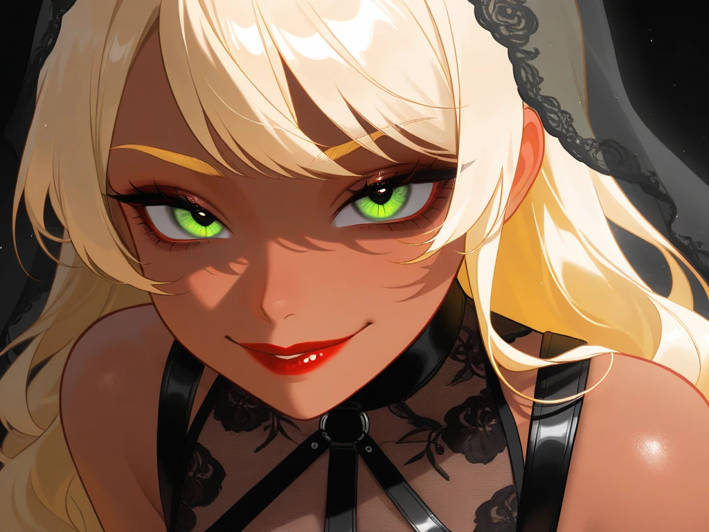  OC, female, semi realism, dark tanned skin, red lips, blonde eyebrows, perfect face, long wavy light Ashe blonde hair with bang,  half-closed Green eyes, evil smile, black glamorous, sweet aesthetic, harness and lace mystic dress, mystic luminescent, sexy, black velvet veil, 