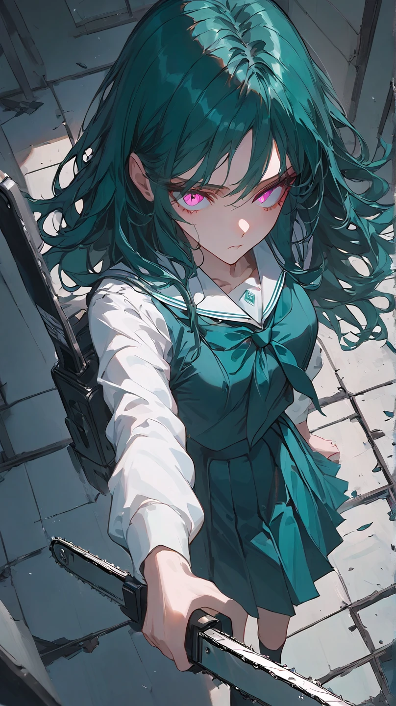 a woman with long wavy dark teal green hair, pink eyes, white school uniform, chainsaw at the background, falling, ruin boarded classroom, (((alone))), looked from above