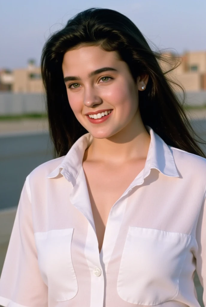 (masterpiece, best quality:1.3), 1girl, Alone, cowboy shot, 
she wear in white shirt with its front open., deep cleavage, 
young Jennifer Connelly at ******, 
with cute face yet with precocious female body,
no make up, flawless pale skin, 
healthy youthful fresh succulent smooth fair skin,
joyful smile,
plump cheeks, light colored eyes,
scooped nose arched high with a turned-up tip,
plump blreasts, broad shoulders, 
shiny long dark hair fluttering,
under bright natural light illuminating on her face,