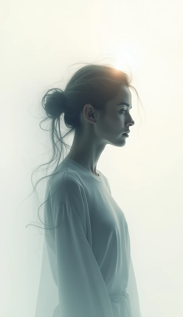 Create an exquisite minimalist drawing with a few decisive lines that form a perfect multiple exposure piece of art. the focus should be on a lone person with a halo of light surrounding their head shadowed silhouette, against a pristine background, capturing the essence of mystery and intrigue, photo, 3d render, portrait photography, vibrant, volumetric, 3d render, photo, portrait photography, dark fantasy, illustration, cinematic 8k.