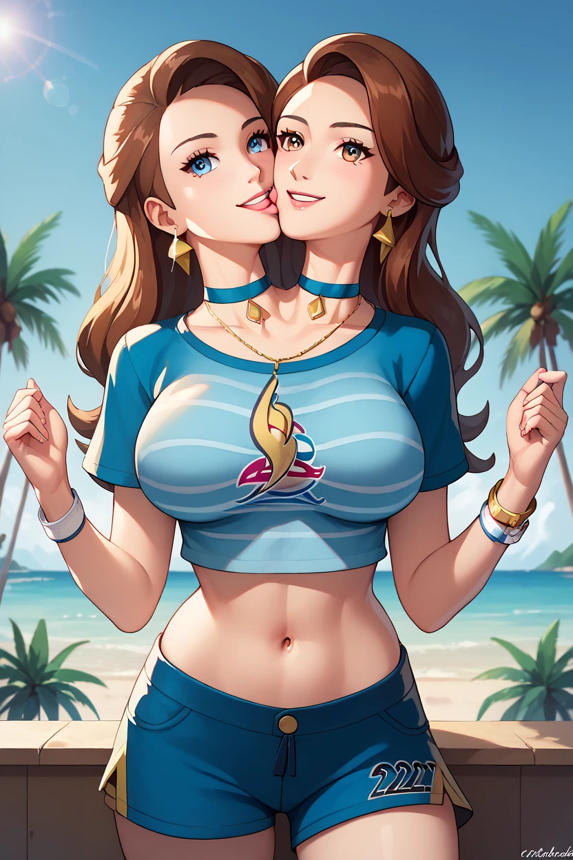 high resolution, highly detailed, perfect lighting, beautiful detailed eyes, ((masterpiece,best quality)), absurdres,      smile,  solo,  gloria (pokemon),  gloriaSummer, blue shorts, blue t-shirt, long hair,  jewelry, navel, neck choker, official alternate costume,    curvy,   Delfino_Plaza,  palm tree, two headed girl, two heads, conjoined, big breasts, kissing