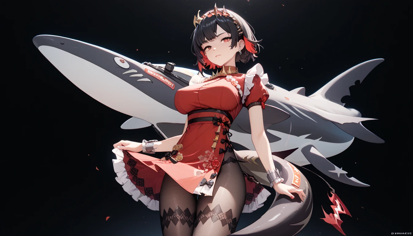 masterpiece， high resolution，Anime Art，Anime Numbers， 4k anime wallpaper，Soft Light， radiant skin， unique ，An anime girl， black hair， ombre short hair， red cheongsam， black pantyhose ， red eyes，Big breasts， black shark tail， black background