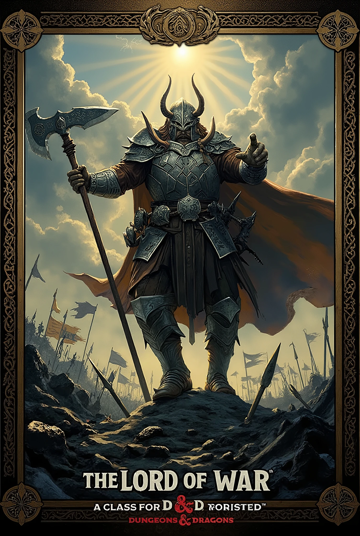 The cover of a Dungeons and Dragons with frame book :
Title: The Lord of War : A Class for D & D 5e
Cover style :
An imposing dwarf , dressed in Viking-inspired armor , towers over a rocky battlefield , radiating authority and power .
Main character details :
armor : Heavy, with steel plates engraved with Norse runes and details leather and wolf skin on the shoulders.
hull: A completely closed helmet that covers the entire face , with a visor shaped like "V" and detailed engravings , decorated with horns that curve toward back . The design conveys mystery and intimidation .
Weapons: Holds a massive war axe with shiny runes engraved on the blade . With the other hand, points forward , giving orders with authority .
appearance: His posture is firm and dominant , with a layer of skin waving in the wind and his highlighted against a stormy sky .
Around:
battlefield : A rocky, barren terrain , full of weapons and broken standards garrados , that suggests that the dwarf is leading in the midst of chaos .
bottom: A sky full of dark clouds , with rays that illuminate the scene and highlight the silhouette of the dwarf . A shadow army is insinuated behind it , battle ready .
marco:
A decorative Nordic-style border , with engraved knot patterns and runes , that frames the image and reinforces the epic theme .
text:
Title: On top , with a runic-style fountain , The text : " The Lord of War : A Class for D &D 5e".
Caption (optional): " The ultimate commander of the battlefield ".