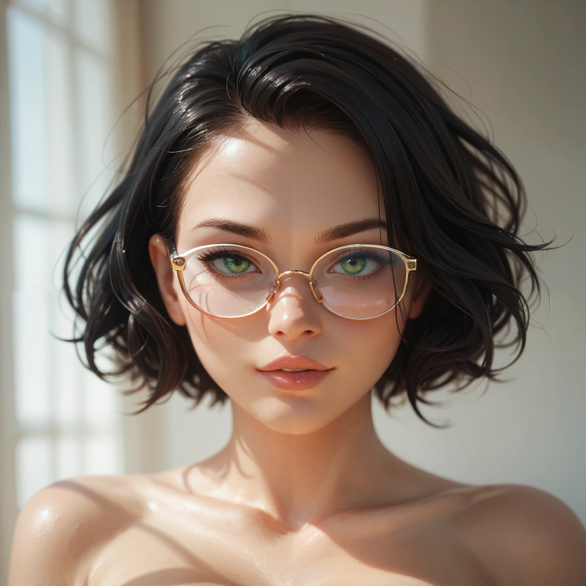 female, curvy, thick, sexy, lovely, short black hair, green eyes, small frame glasses, pleased, naked, head shot, head, close up, 