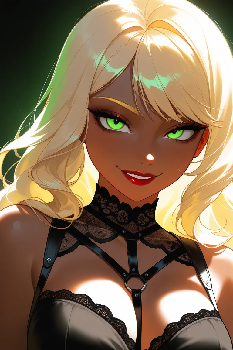  OC, female, semi realism, dark tanned skin, red lips, blonde eyebrows, perfect face, long wavy light Ashe blonde hair with bang,  half-closed Green eyes, evil smile, black glamorous, sweet aesthetic, harness and lace mystic dress, mystic luminescent, sexy,