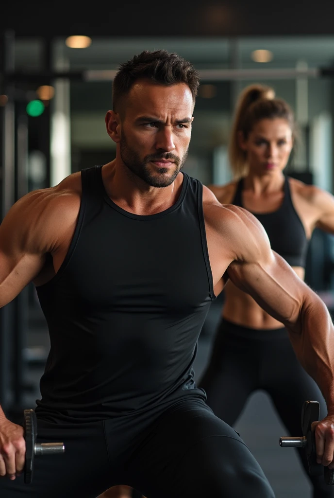 Crie uma imagem de thumbnail mostrando a transformação impressionante de A thin man para um homem com peitoral forte e musculoso. The image must be divided in half: To the left, A thin man, showing a chest with little muscle, wearing no shirt, o mesmo homem musculoso exibindo seu peitoral definido wearing no shirt. Both are in a modern gym setting with weight training equipment in the background and blue and purple LED lighting for a dramatic effect.. The man's facial expression should show determination and confidence in the transformation. Specific Details: Position and Division: Homem magro To the left, exibindo um peitoral magro com pouca musculatura wearing no shirt. Muscular man on the right, wearing no shirt, showing defined chest. Clear dividing line between the two parts of the image. enviroment: Modern gym with weight training equipment. Blue and purple LED lighting for a dramatic effect. Facial expression: Determination and confidence visible on the man's face in both versions. Elementos visuais: bodybuilding equipment in the background. Gym details like dumbbells, espelhos, and weight machines.