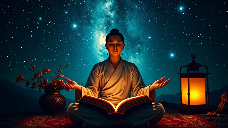 Create an inspiring and engaging setting to encourage thoughtful exploration of ideas. Depicting a figure sitting in contemplation under a vast, starry night sky, symbolizing the endless search for truth. The figure has a serene yet curious expression, dressed in a simple, neutral robe. The hands are carefully posed: one rests gently on the knee, palm facing upward in an open gesture, while the other gently holds an ancient, open book that glows faintly. The hands are detailed, natural, and graceful, with beautifully shaped fingers that convey a sense of peace and purpose. The feet are hidden by pant legs. The feet are hidden by pant legs. The pages of the book are peppered with symbols of both Buddhist teachings and universal questions. The scene exudes curiosity and dialogue, inviting the viewer to contemplate deeply. Add a warm, inviting light source, like a softly glowing lantern, suggesting guidance along the journey of self-discovery and open inquiry.