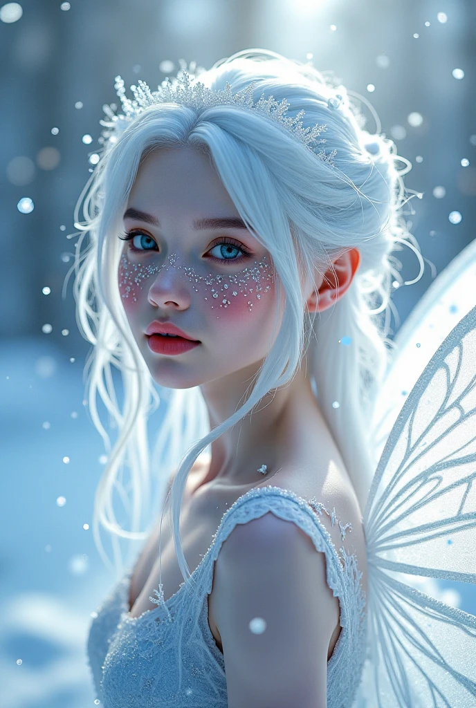 A fairy with pointy ears, light rose skin, blue colored eyes, White hair, and blue wings with silver