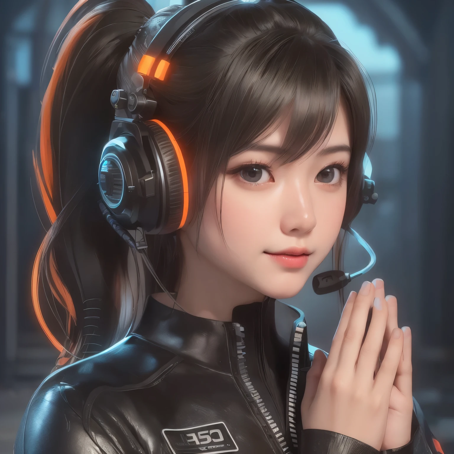 Top Quality, Masterpiece, Ultra High Resolution, (Photorealistic: 1.4), Raw Photo, 1 Girl, black hair, Glossy Skin,  (((Ultra Realistic Details)), Portrait, Global Illumination, Shadows, Octane Rendering, 8K, Ultra Sharp, Intricate Ornaments Details, realistic skin, sweat effect, very intricate detail, realistic light, CGSoation trend, brown eyes, glowing eyes, matte black and neon orange bodysuit, Long hair, half body shot, spaceship bridge background, dynamic pose, close up, smile, 