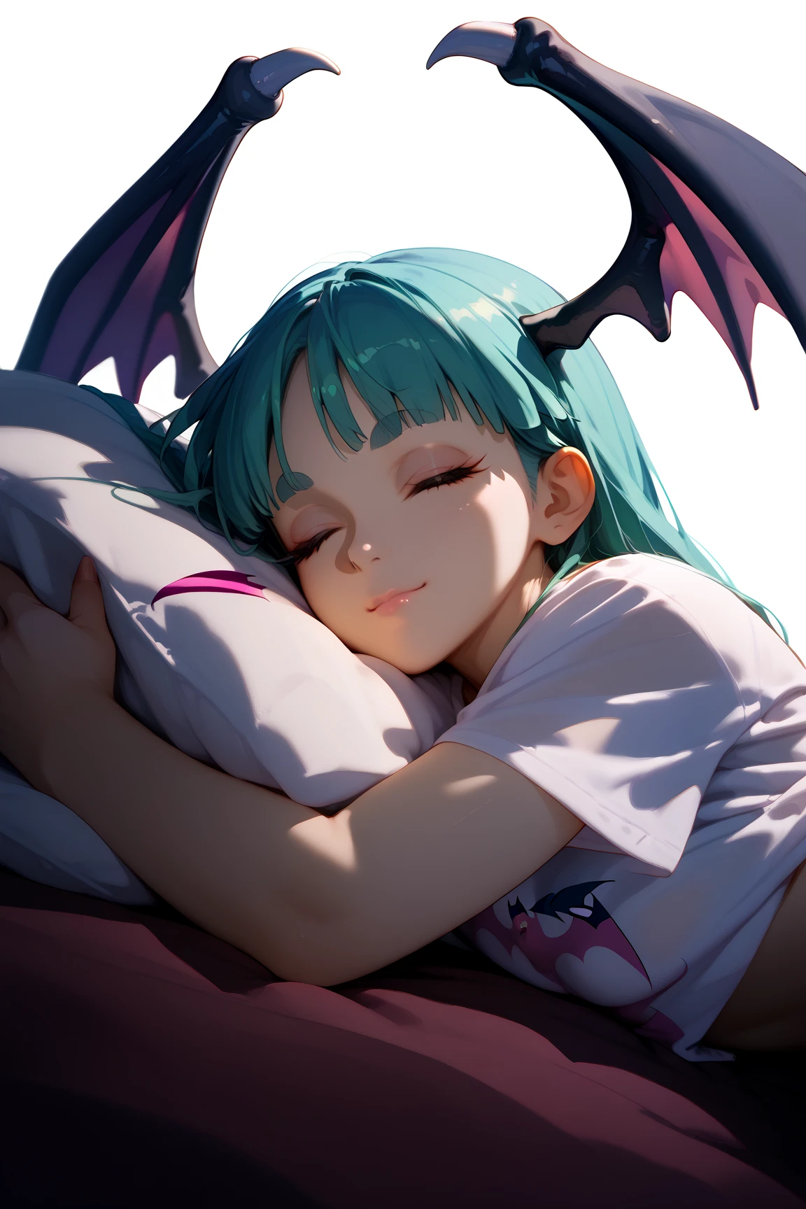 1 girl, (Morrigan Aensland - Darkstalkers), solo, shirt, white t-shirt, short sleeves, lift shirt, black underwear, semi - resting on stomach, head resting on her right arm, inclined torso, closed eyes, closed mouth, relexed face, pink mouth, thick eyebrows, cute face, photo taken from a slightly elevated and frontal angle, full body view, simple background