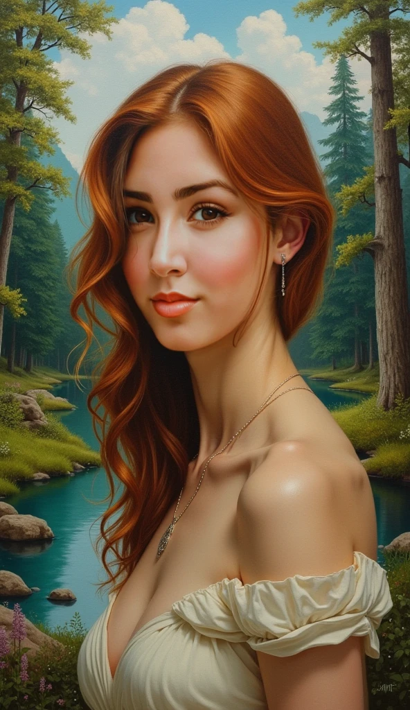 rubenesque halfling, standing in a forest glade, small brook, woman, bathing, reddish-blonde