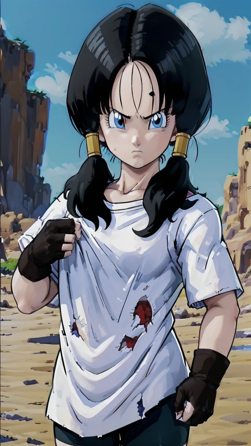 (masterpiece), anime, Best Quality, Good anatomy, 2, Alone, ( On my knees),blue eyes, Black Hair, Twin tails, Black gloves, big chest realistic face, Gloomy face, Looking down, bicycle_Shorts, bangs, White shirt, Reflector, 8K masterpieceultra-detailed, Movies Movies, Best Quality, Best details, Detailed face, fine grain, Shooting from below、(wilderness、sand、audience)、(nsfw、big 、Torn clothes、Upper body naked、Large areola、Cowboy Shot、、One-shoulder exposure、Blood、Wounded woman、Grab my arm、Troubled face、Embarrassed face、White Breath、Glare)