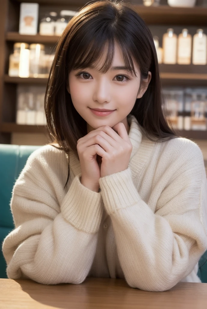 masutepiece, Best Quality, 
Ultra-detailed, finely detail, hight resolution, in 8K,
((Photorealsitic:1.4, Raw photography, 超A high resolution,Top image quality: 1.4)),
Wallpaper, 
((Perfect whole body configuration1.5)), 
((Beautiful detailed eyes, Natural Color Lip、Clean face、Gaze staring at the camera、Lashes、big eye、Distinct double eyelids、Tear mole、glowy skin、Clean skin quality、lipgloss)),
((a serene smile:1.5)),
((Random and cute hairstyles)), 
((Knitwear that shows the bottom of the chest:1.5)),
((large breasts size、cleavage of the breast:1.2)),
((Random and cute micro mini skirt:1.5)),
((crouching down:1.5)),
((breastsout、under look eyes、Mole on the arm:0.9)),
((look up to)),
((Random blurry background)),
((Random and cute facial expressions:1.5)),, 
((((1人の女性:1.5))))
very detailed and professional lighting、
((Sexy underwear visible through skirt:1.5))、
((thigh visible:1.5))