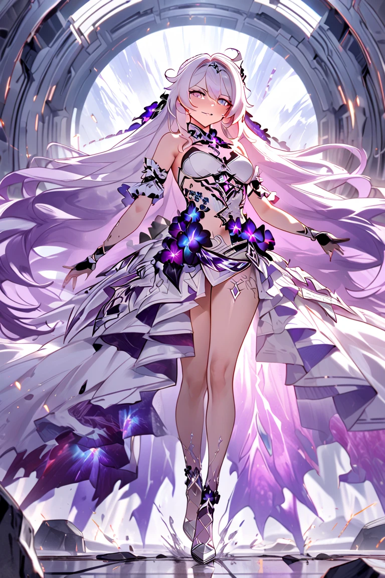 "A dramatic scene set in a futuristic lunar base with a large window revealing the grey, barren lunar landscape. At the end of a long hallway, Kiana Kaslana, the Herrscher of Finality, is depicted in all her glory: a curvaceous figure with glowing violet eyes, flowing white and purple hair, and an elegant yet provocative dress that emanates power and intensity. Her presence exudes both longing and uncontainable energy, surrounded by subtle sparks and a faint mist. The metallic floor beneath her feet shows signs of melting from her overwhelming power. Her flushed face and predatory, perverted smile are directed towards the viewer, intensifying the charged, electrifying atmosphere in contrast to the cold calm outside."
