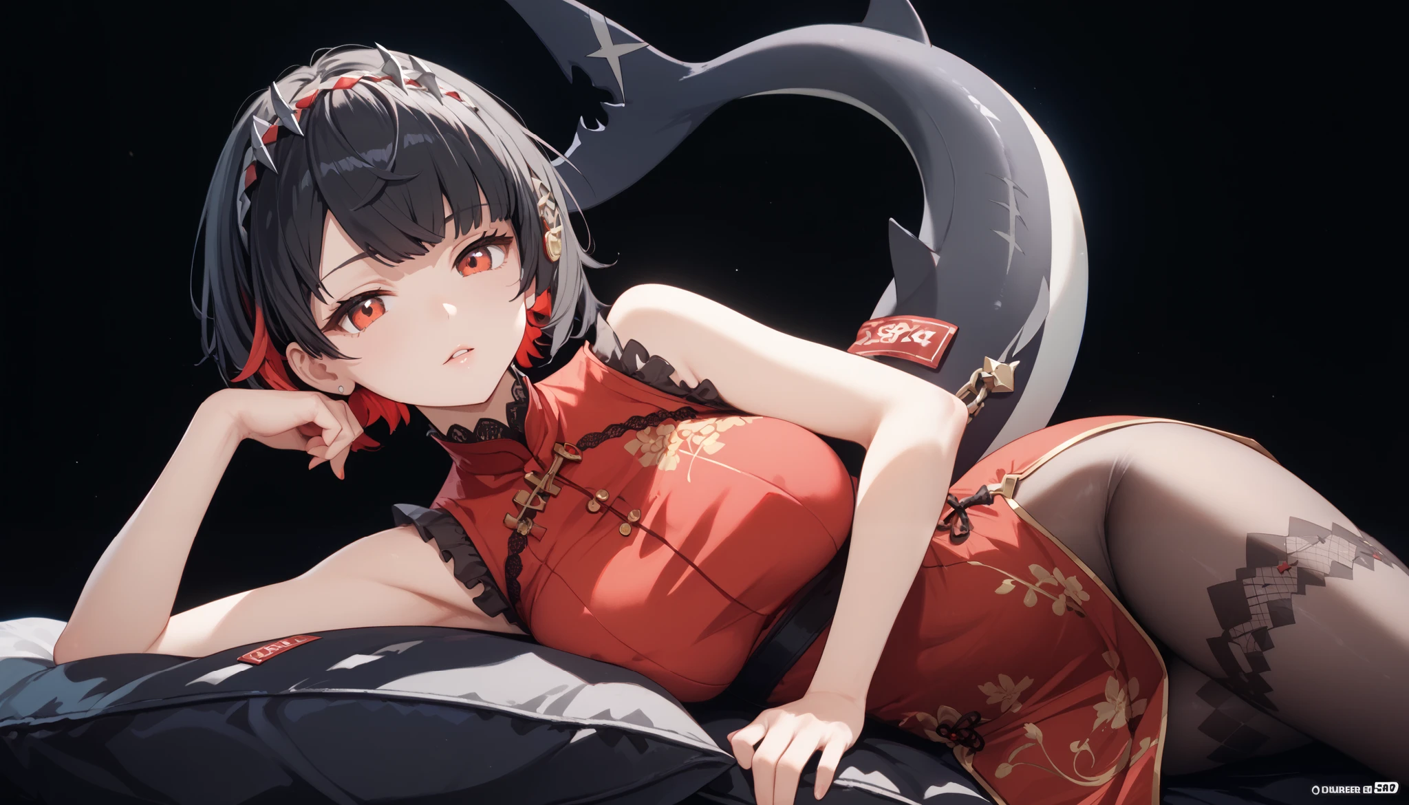 masterpiece， high resolution，Anime Art，Anime Numbers， 4k anime wallpaper，Soft Light， radiant skin， unique ，An anime girl，Lie on the mirror ， black hair， ombre short hair， red cheongsam， black pantyhose ， red eyes， chest is squeezed and deformed， black shark tail， black background