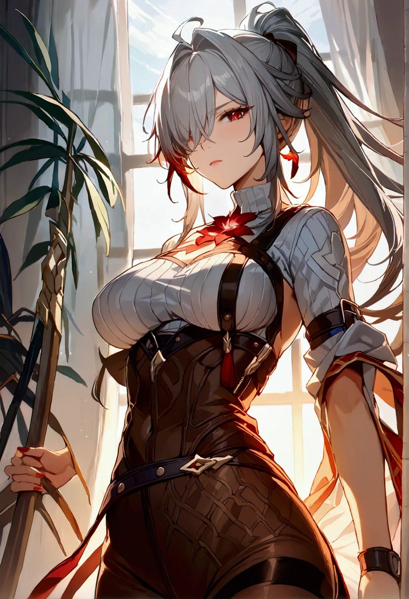 (masterpiece, top quality, best quality, official art, beautiful and aesthetic:1.2),(8k, best quality, masterpiece:1.2), (((masterpiece))),(((best quality))),(((extremely detailed))),illustration, who, (masterpiece, top quality, best quality, official art, beautiful and aesthetic:1.2),(8k, best quality, masterpiece:1.2), masterpiece, best quality, illustration, highres, ultra-detailed, 1girl, acheron \(honkai: star rail\), 1girl, solo, pantyhose, breasts, long hair, apron, hair over one eye, looking at viewer, sweater, red eyes, large breasts, ponytail, turtleneck, arms behind back, ahoge, grey hair, closed mouth, long sleeves, white sweater, Red turtleneck sweater, thighband pantyhose, black pantyhose, cowboy shot, brown pantyhose, indoors, very long hair, white hair, hair intakes, window Red turtle neck upgraded virgin killersweater 