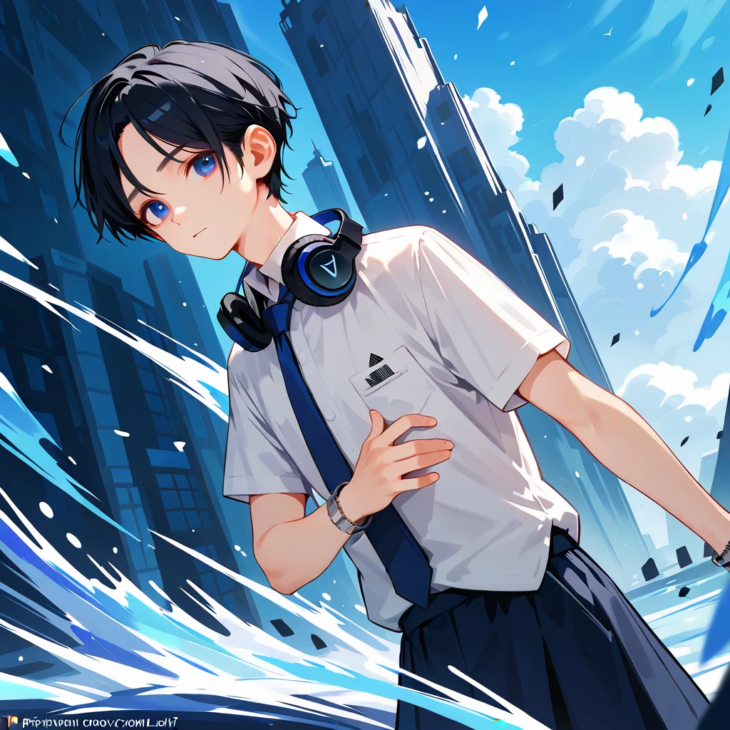 score_9,score_8_up,score_7_up,masterpiece,(1boy),19-years-old ,university student,BREAK Nagi-kun ,black hair,very short,(Forehead:0.8),dark blue eyes,(:0.7),( melancholy expression:0.8),Petite,slim break short sleeve dress shirt, blue tie ,Silver Polaris Embroidered ,moonstone bangle, headphones around the neck,(Tsukuyomi:0,8),( Susanoo:0.8),(((Alone)))