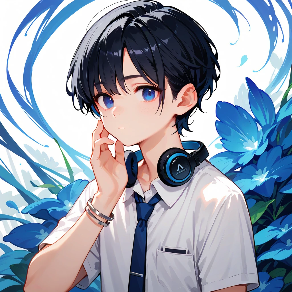 score_9,score_8_up,score_7_up,masterpiece,(1boy),19-years-old ,university student,BREAK Nagi-kun ,black hair,very short,(Forehead:0.8),dark blue eyes,(baby face:0.7),( melancholy expression:0.8),Petite,slim break short sleeve dress shirt, blue tie ,Silver Polaris Embroidered ,moonstone bangle, headphones around the neck,(Tsukuyomi:0,8),( Susanoo:0.8),(((Alone)))