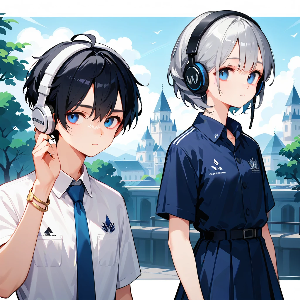 score_9,score_8_up,score_7_up,masterpiece,(1boy),19-years-old ,university student,BREAK Nagi-kun ,black hair,very short,(Forehead:0.8),dark blue eyes,(baby face:0.7),( melancholy expression:0.8),Petite,slim break short sleeve dress shirt, blue tie ,Silver Polaris Embroidered ,moonstone bangle, headphones around the neck,(Tsukuyomi:0,8),( Susanoo:0.8),(((Alone)))