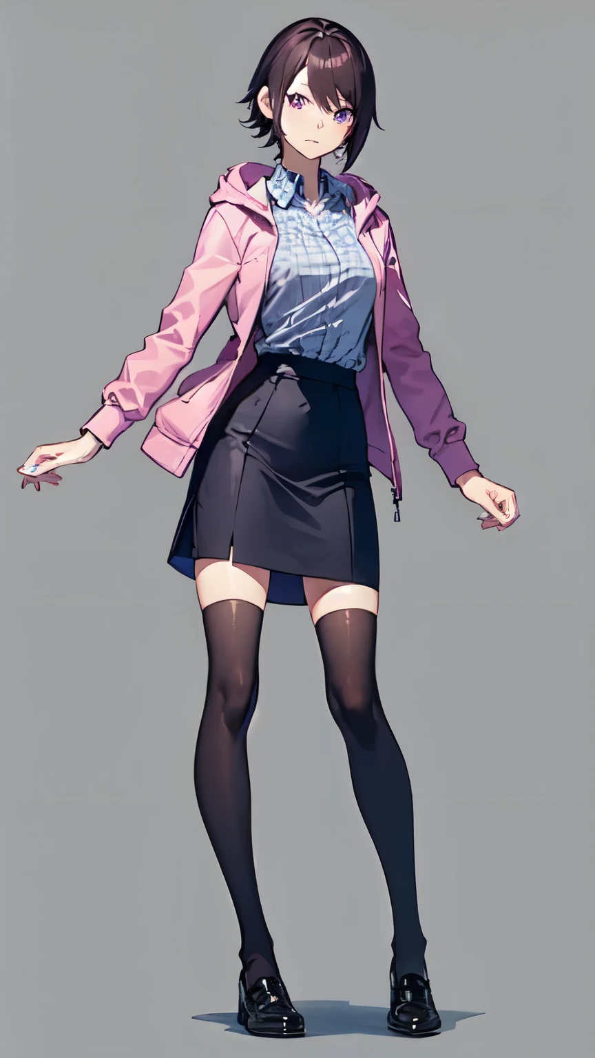 {best quality, masterpiece, high resolution}, solo, {{full body:0.7}}, dx2mc, short hair, purple eyes, brown hair, shirt, hoodie, pink jacket, long skirt, black stockings, Roy Stockings, blue shoes{white_background:0.8}, closed_mouth