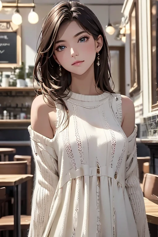  top quality , 32K,  RAW photos ,  unbelievably high resolution ,  very detailed, A neat and cute beauty, wearing loose and fluffy knit dress, slender,   PROFESSIONAL LIGHTING IN A TRENDY PARISIAN CAFE  