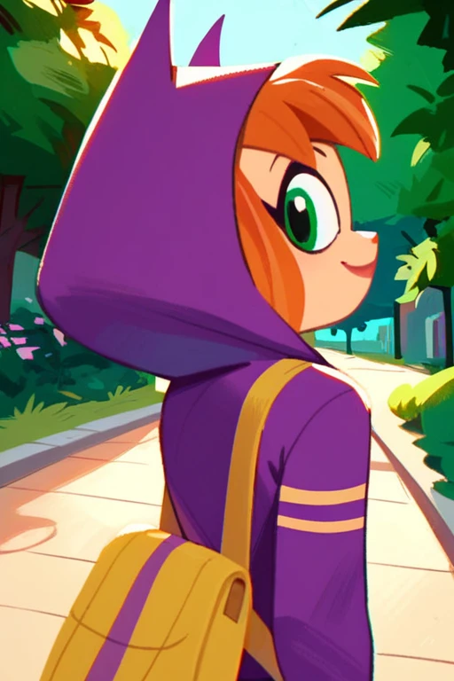 (masterpiece:1.2, best quality:1.2),
leaning to the side, arched back, looking back, park, solo focus, 
 bat girl, green eyes, hood up,